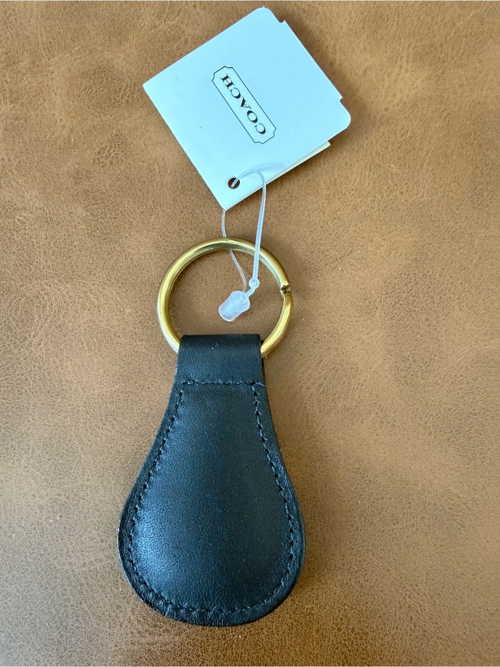 Coach Black Leather Teardrop Key Fob with Gold Ring